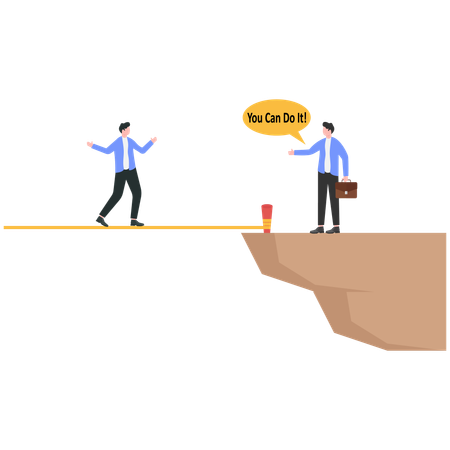 Businessman motivate his friend to cross cliff by saying You Can Do It  Illustration