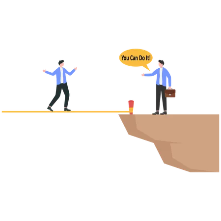 Businessman motivate his friend to cross cliff by saying You Can Do It  Illustration