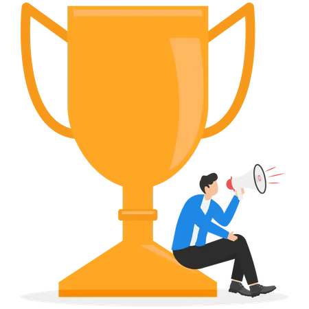 Success Stories To Motivate People To Develop And Improve To Achieve Life Success Telling Stories Or Inspire People Aspiration Concept Businessman Telling Success Story With Megaphone On Winner Trophy Illustration