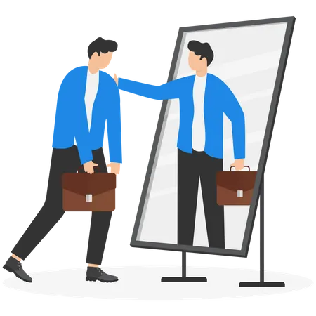 Self Esteem Or Self Care Believe In Yourself Improving Confidence Respect In Your Strong Attitude Concept Frustrated Businessman Looking At The Mirror With His Shadow Encourages His Confidence Illustration