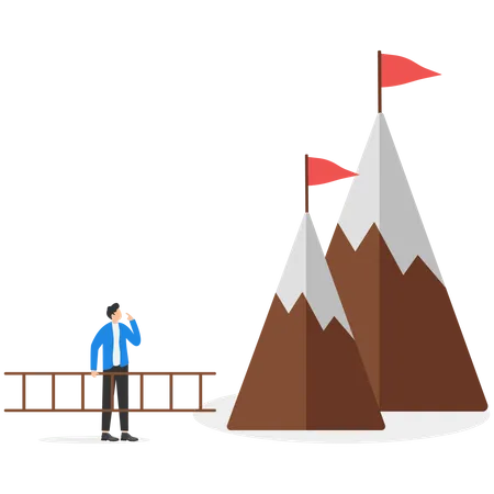 Businessman Holding A Ladder Preparing Himself To Climb A Mountain That Represents Reaching His Goals Illustration