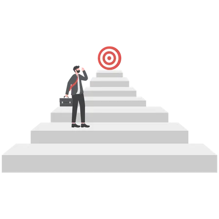 Businessman move up the ladder to the goal in the form of a target  Illustration