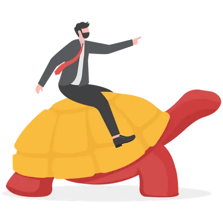 Slow And Secure Moving Concept Businessman Moving Forward With Turtle Speed Think Different Illustration