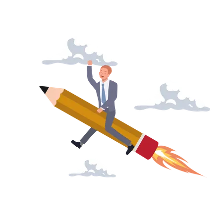 Businessman Riding Pencil Rocket Flying High Into The Sky Creativity Idea Concept Vector Illustration Illustration