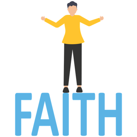 Businessman near and abyss standing on the word faith  Illustration