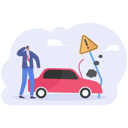 Insurance Concept Upset Man In Suit Stands Near His Red Car Was Crashed In Pole Vector Illustration Flat Illustration