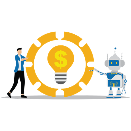 Businessman needs help of robot for financial idea  Illustration