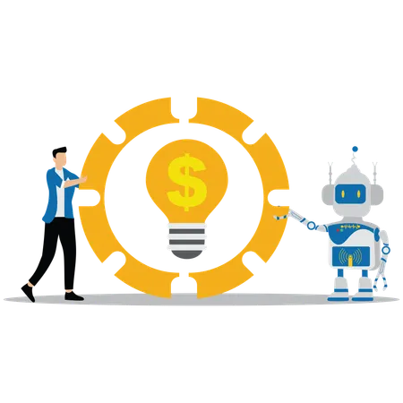 Businessman needs help of robot for financial idea  Illustration