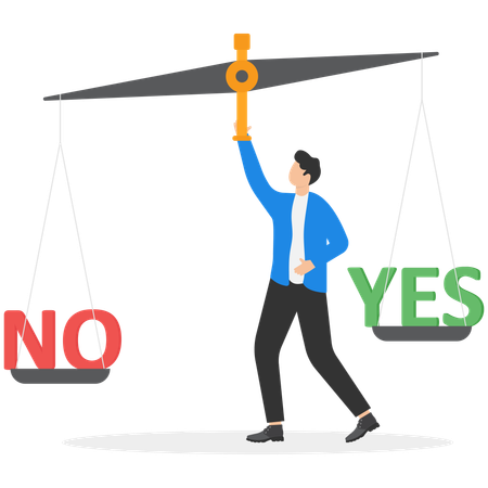 Businessman next to scales on which yes and no  Illustration