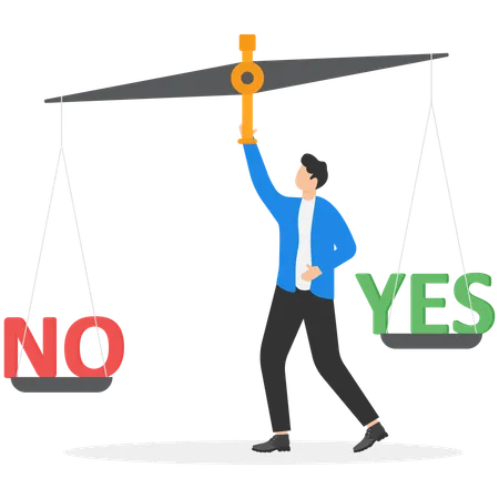 Businessman next to scales on which yes and no  Illustration
