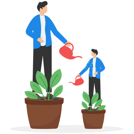 Managers Use Watering Cans To Help Employees Grow Support From A Manager Or Colleague Cooperation Of People In The Organization Growth In Career Advancement Illustration