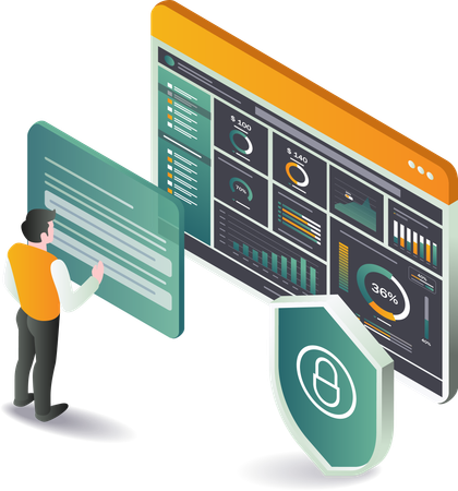 Businessman observing monitor displaying security dashboard with data analytics  Illustration