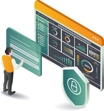 Businessman observing monitor displaying security dashboard with data analytics  Illustration