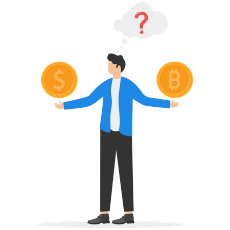 Businessman offers cryptocurrency or money investment types  Illustration