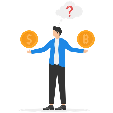 Businessman offers cryptocurrency or money investment types  Illustration