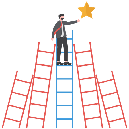 Businessman on a climb up ladder reaches stars target on sky  일러스트레이션