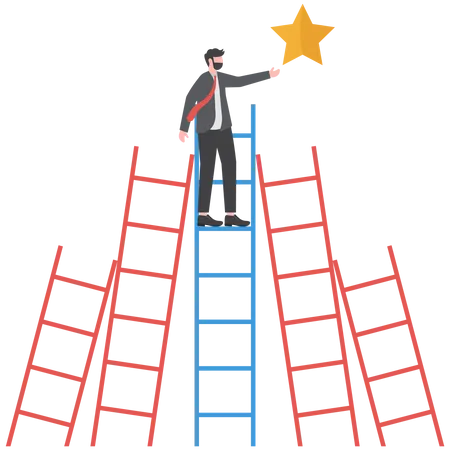 Business Man On A Climb Up Ladder Reaches Stars Target On Sky Achieve Goal And Dream Goal Achievement Or Opportunity Career Development Concept Vector Illustration