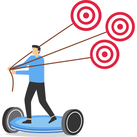 Businessman on a electric scooter traveling Tries to pull many target  Illustration