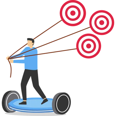 Businessman on a electric scooter traveling Tries to pull many target  Illustration