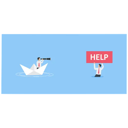 Businessman on a paper boat goes to help a other businessman with help sign stands on an island  Illustration