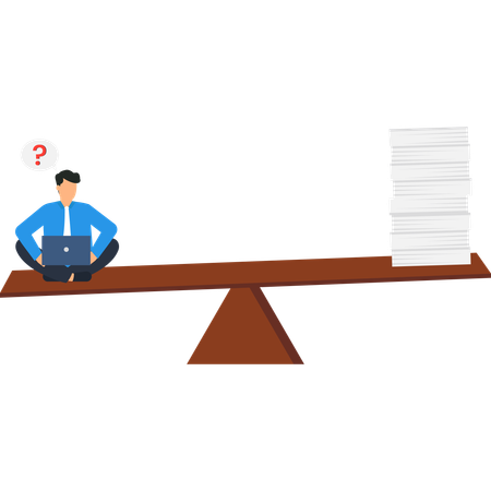 Businessman on a Seesaw with Documents and Question Mark  Illustration