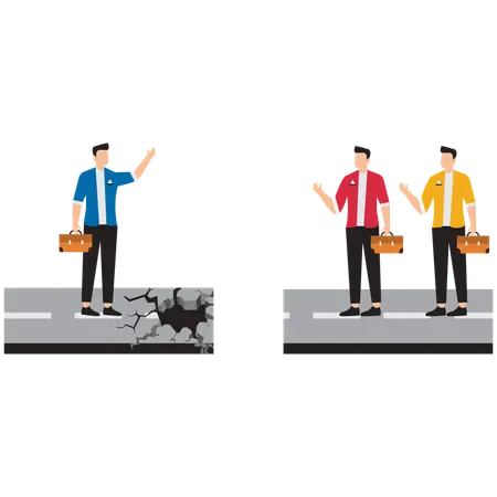 Businessman on collapsed roads crying out for help to their partners on other side of road  Illustration