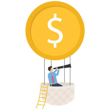 Businessman on dollar coin balloon  Illustration