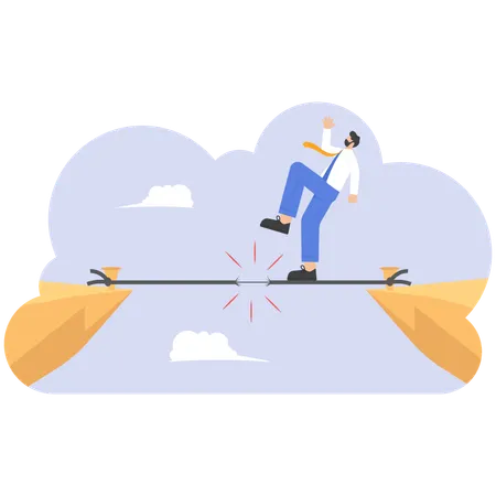 Businessman On Frayed Rope About To Break On The Cliff Illustration Vector Cartoon Illustration