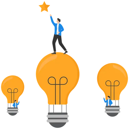 Businessman on Glowing light bulb reach star  Illustration