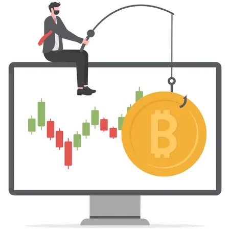 Businessman On Laptop Computer Fishing Bitcoin Fishing Rod And Mining Crypto Currency Vector Illustration Illustration