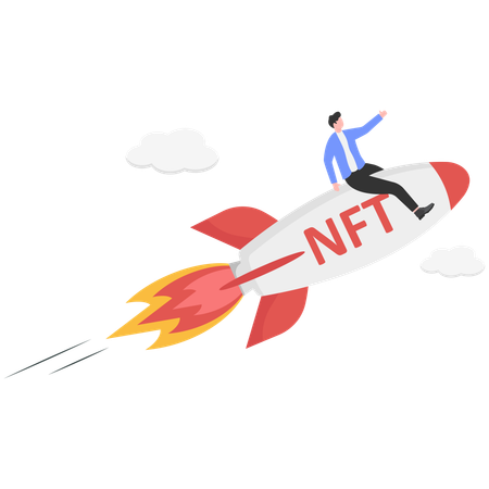 NFT ロケットに乗ったビジネスマンが望遠鏡を使いながら NFT スタートアップを立ち上げる  イラスト