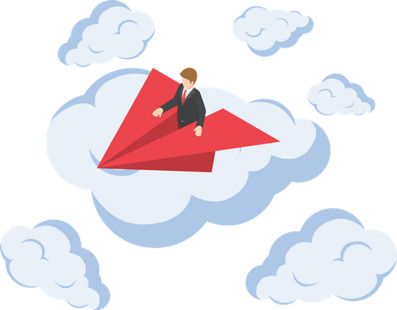Businessman on paper airplane above the cloud Illustration