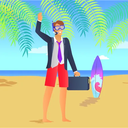 Businessman On Rest Color Vector Illustration Of Man In Bright Red Shorts And Black Jacket Rectangular Case Cute Surfboard With Blue Wave Pattern Illustration