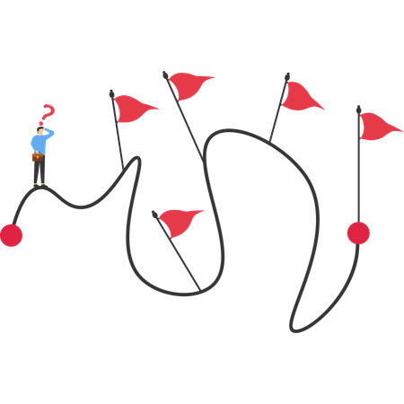 Businessman on road with red flag while confuse for business direction  Illustration