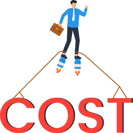 Businessman on Rocket Boots Above Red Cost Word Business Finance  Illustration