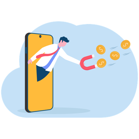 Businessman on smartphone screen holding large magnet to attract money  Illustration