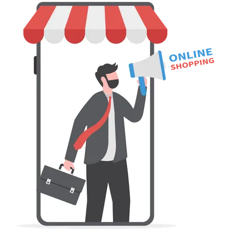 Businessman on smartphone with E-shop online store internet shop promotion  Illustration