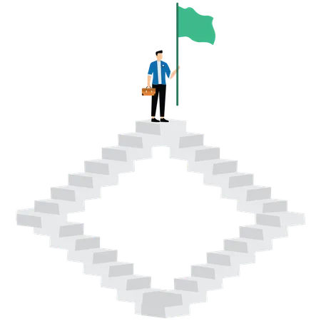 Businessman on stairs and victory flag  Illustration