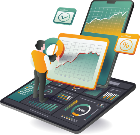 Businessman on tablet analyzing dashboard data  Illustration