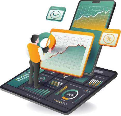 Businessman on tablet analyzing dashboard data  Illustration