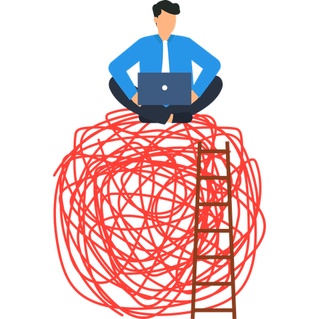 Businessman on Tangled Lines with Ladder  Illustration