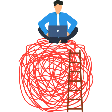 Businessman on Tangled Lines with Ladder  Illustration