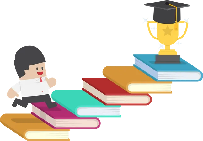 Businessman Going Up On Book Staircase To The Trophy With Graduation Hat Education Concept Illustration