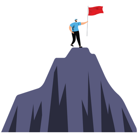 Businessman on top of the mountain holding a flag cheering  Illustration