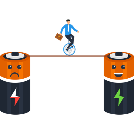 Businessman on Unicycle Balancing Between Batteries  Illustration