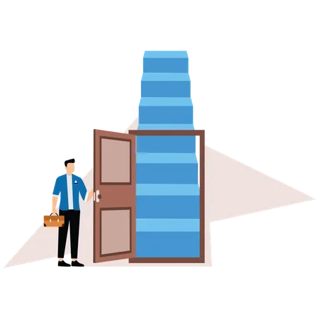 Businessman open arrow up door to walk up stair to success  Illustration