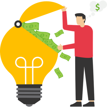 Businessman open bright light bulb idea and find dollar bill  Illustration