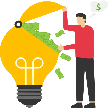 Money Making Idea Smart Businessman Open Bright Light Bulb Idea And Find Dollar Bill Money Profit Technology Innovation Or Investment Or Creativity To Make Profit Concept Illustration