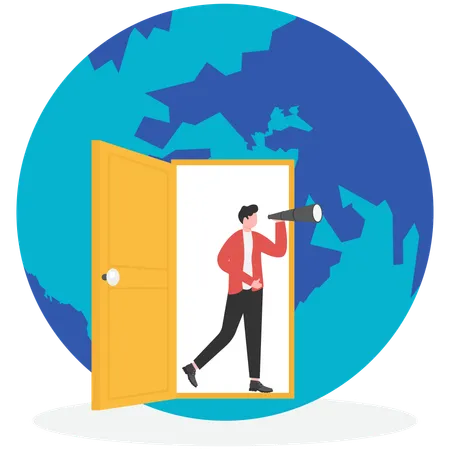 Businessman open door and come out from inside world  Illustration