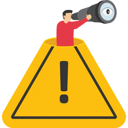 Businessman open exclamation attention sign using binoculars  Illustration